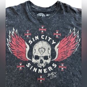 Affliction Men’s Y2K Skull T-Shirt Size XXL Sin City Sinners Black Grunge Faded